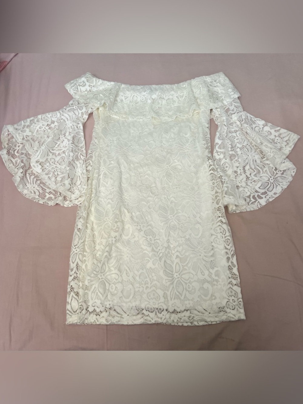Ambiance White Off-Shoulder Lace Dress with Bell Sleeves